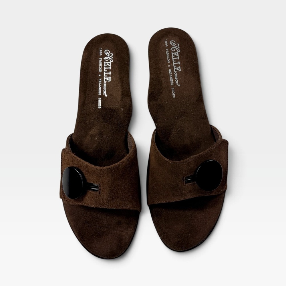Helle Comfort Brenda Sandals Womens 11 Brown Suede Kitten Heel Spain NIB